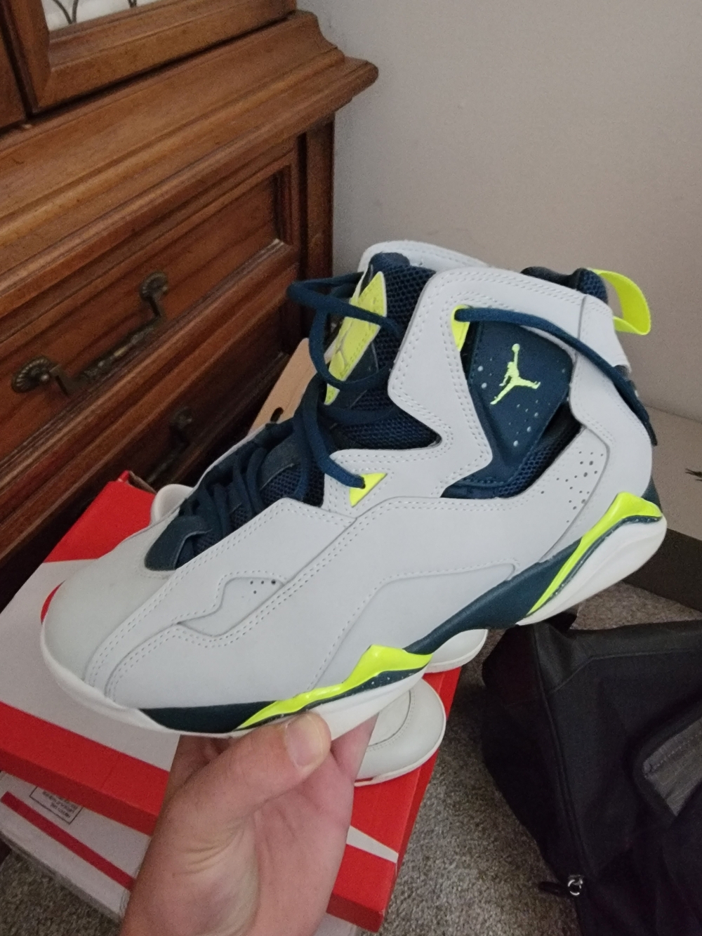 White and Navy Athletic High-Top Sneakers with Neon Yellow Accents